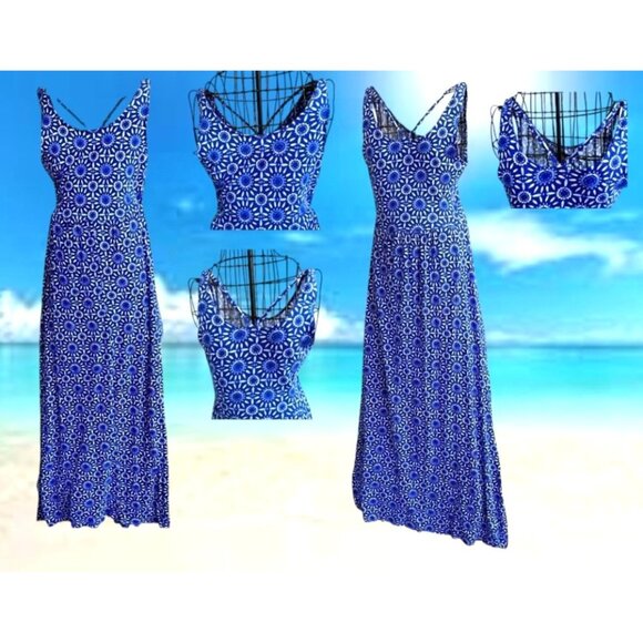 SO Maxi Dress Girls Sz M Blue White Floral Sleeveless Strappy Front Side Slits - Picture 7 of 12